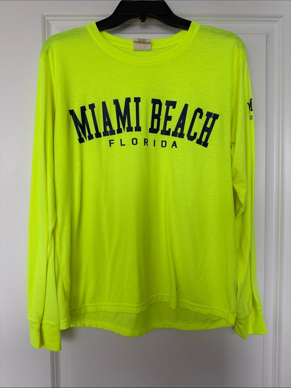 Miami Beach Florida Neon Yellow Long Sleeve Tee Size M